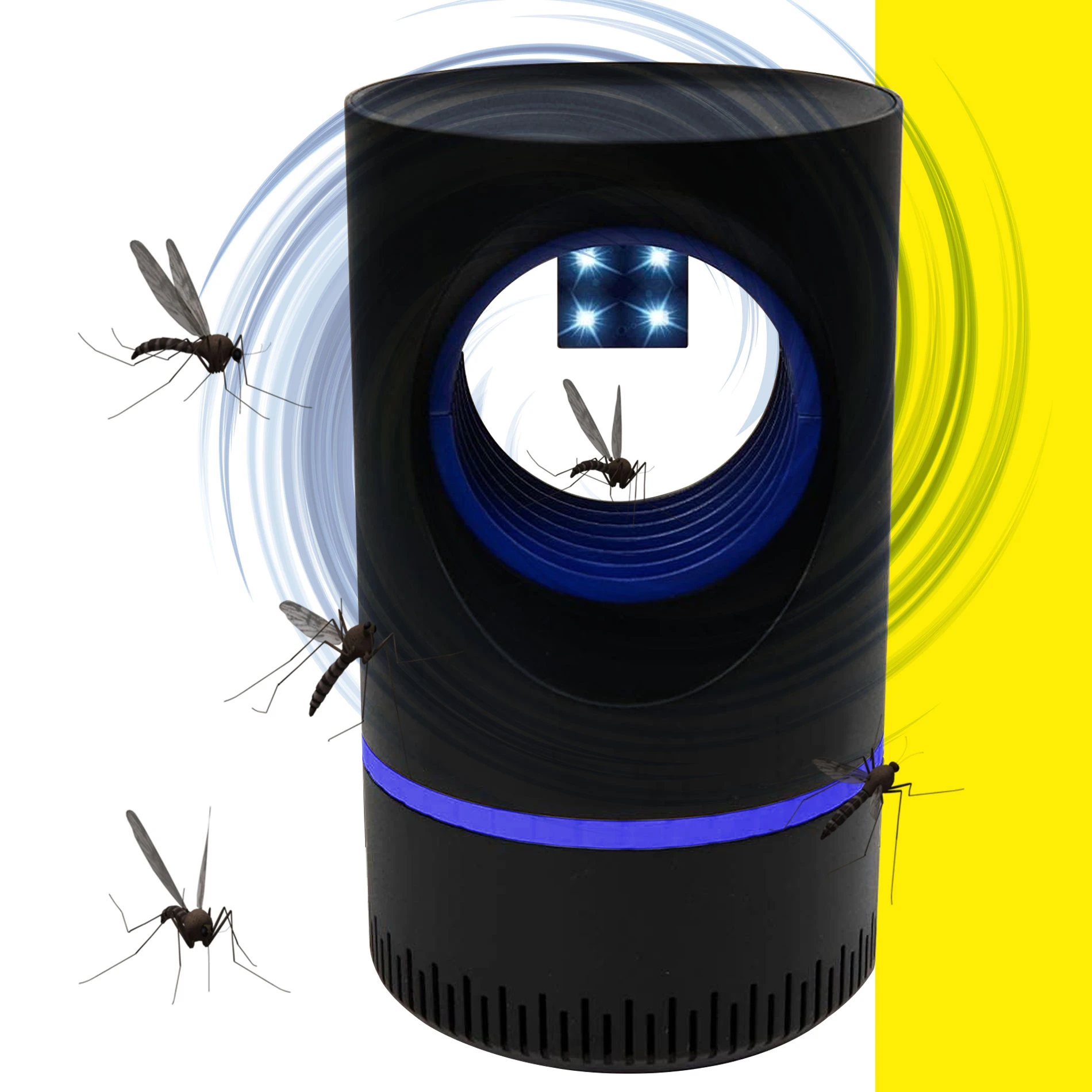 Lámpara mata zancudos negra con luz UV y diseño cilíndrico, atrayendo insectos.
