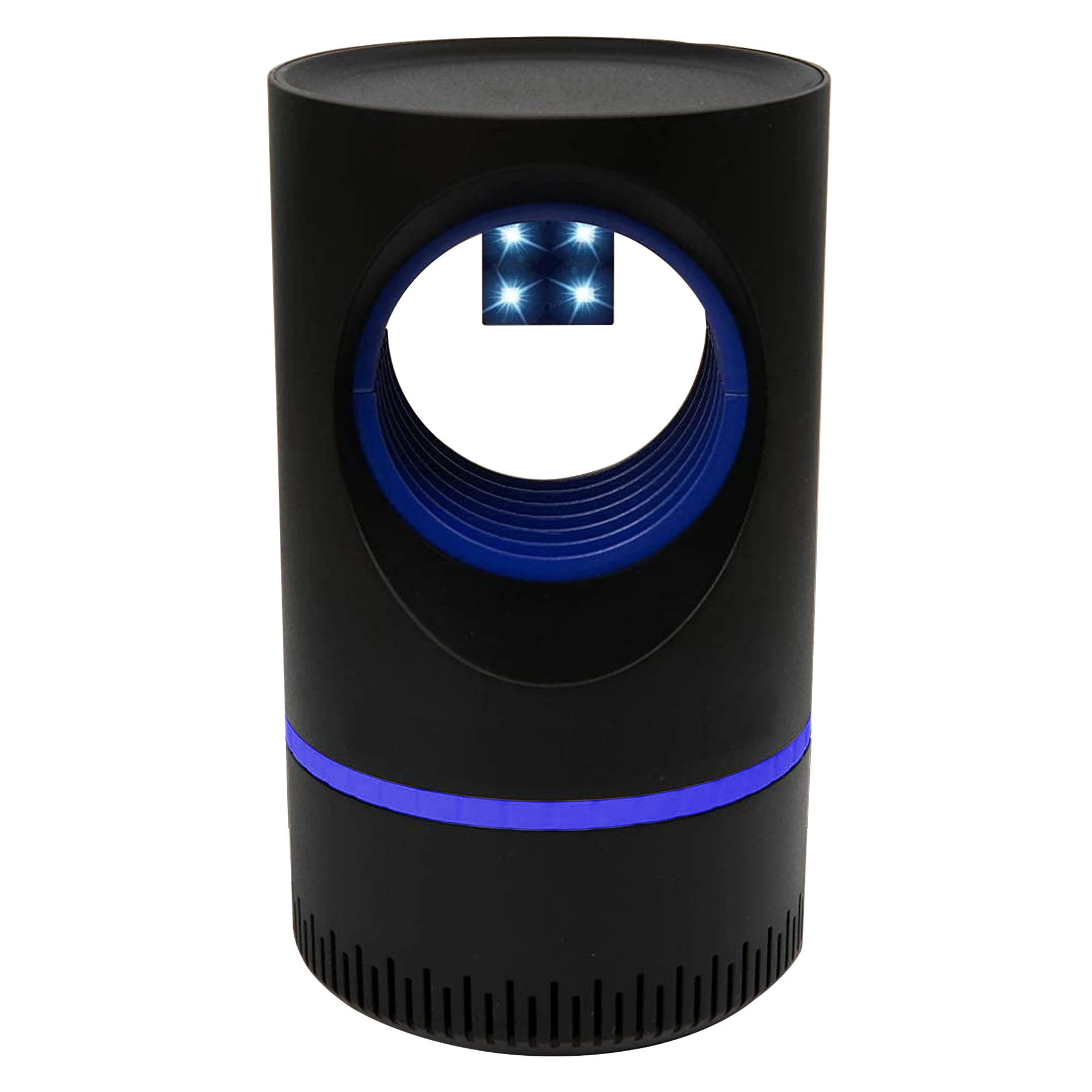 Lámpara negra para matar zancudos, con luz UV y detalles azules, de forma cilíndrica.
