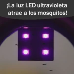 Lámpara mata mosquitos LED UV con cuatro luces violetas y zancudos pequeños alrededor.