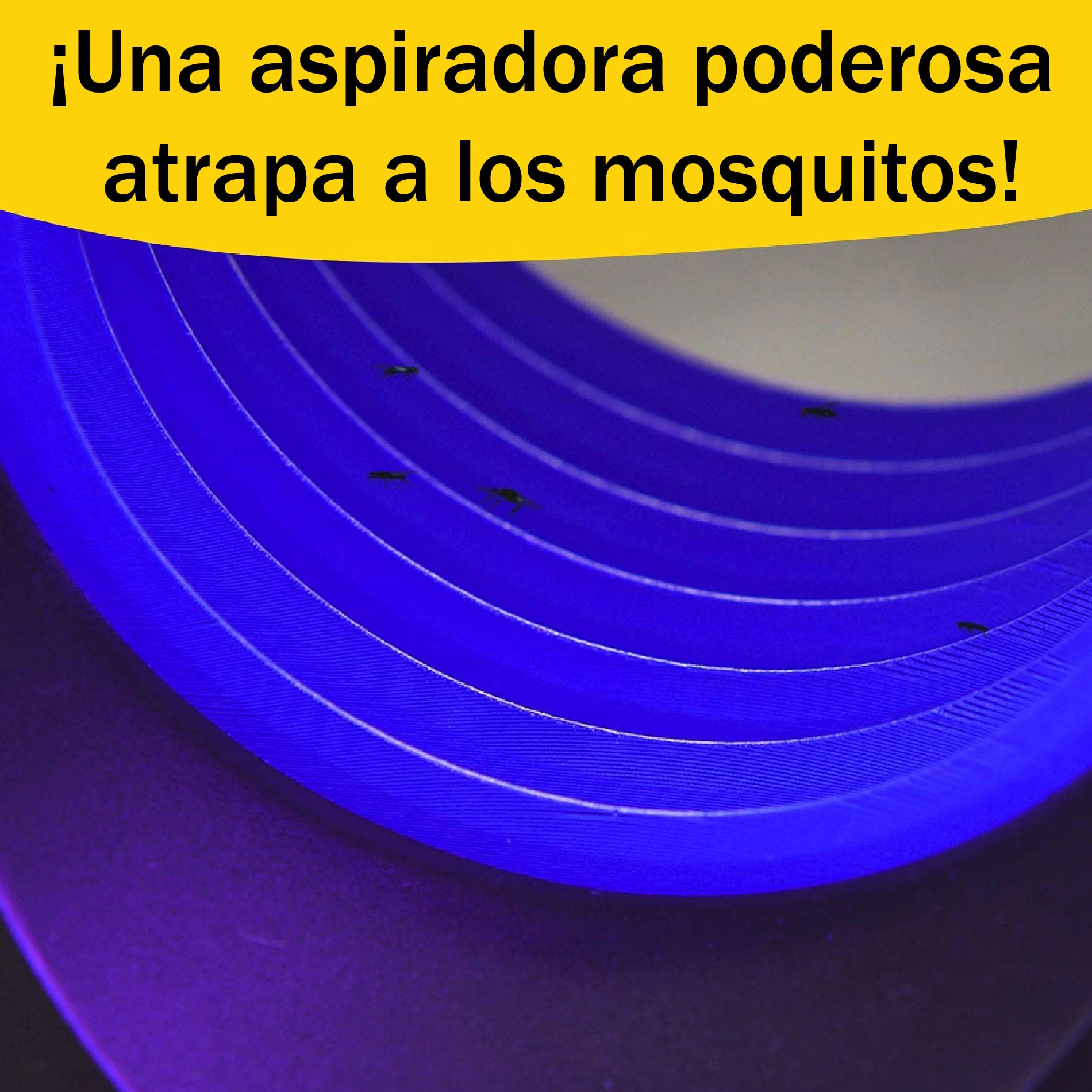 Lampara mata zancudos con luz UV azul atrae y atrapa mosquitos. Detalle de ventilador y pequeños insectos.