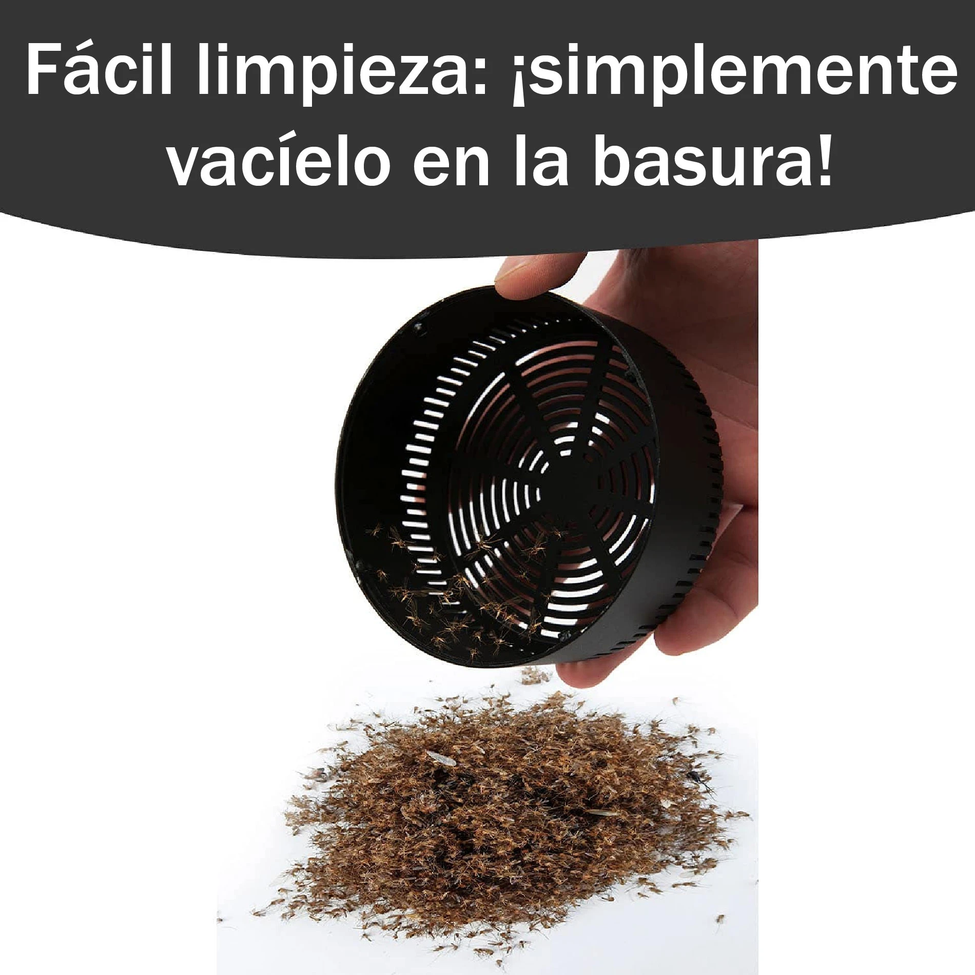 Lampara mata zancudos en negro, con montones de mosquitos capturados listos para desechar.
