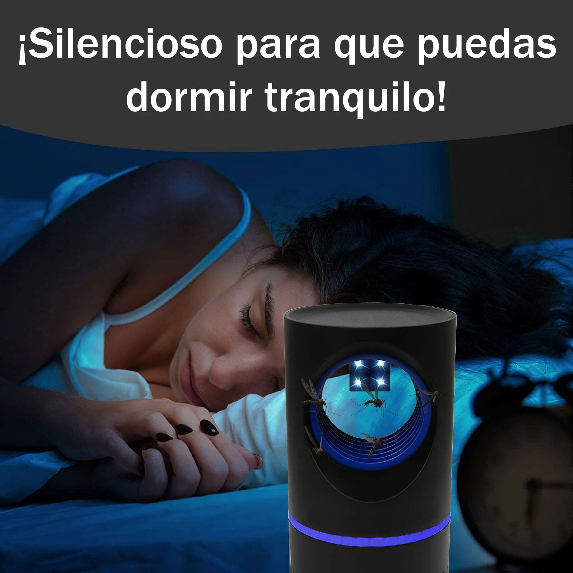 Lámpara mata zancudos con luz UV, silenciosa para dormir, sobre cama con mujer durmiendo.
