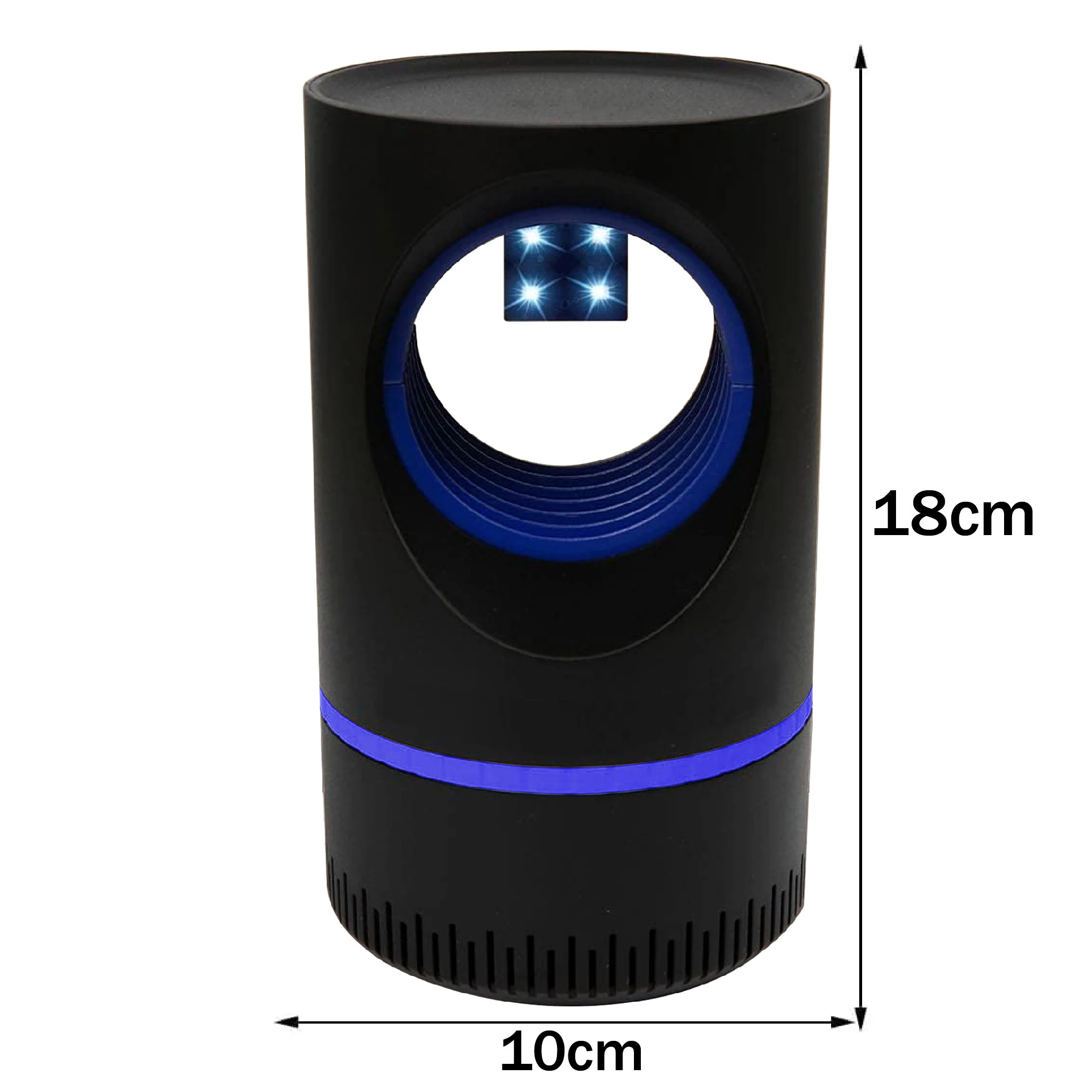 Lámpara mata zancudos negra y azul con luz UV, mide 18x10 cm.