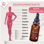 Tónico LB aclarante en envase de vidrio ámbar de 30 ml con aplicador de gotero, presentado junto a un esquema corporal de zonas para aplicación cutánea.