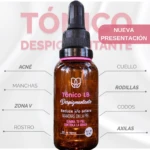 Tónico LB despigmentante en frasco de vidrio ámbar con gotero, presentación de 30 ml para aclarar manchas en rostro, axilas, cuello, codos y rodillas.