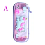 Cartuchera 3D transparente con unicornio rosa y blanco, ideal para niños.