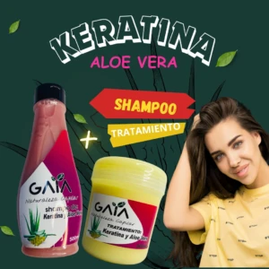 Shampoo y tratamiento capilar GAIA Keratina y Aloe Vera, 500ml cada uno, con mujer sonriente.