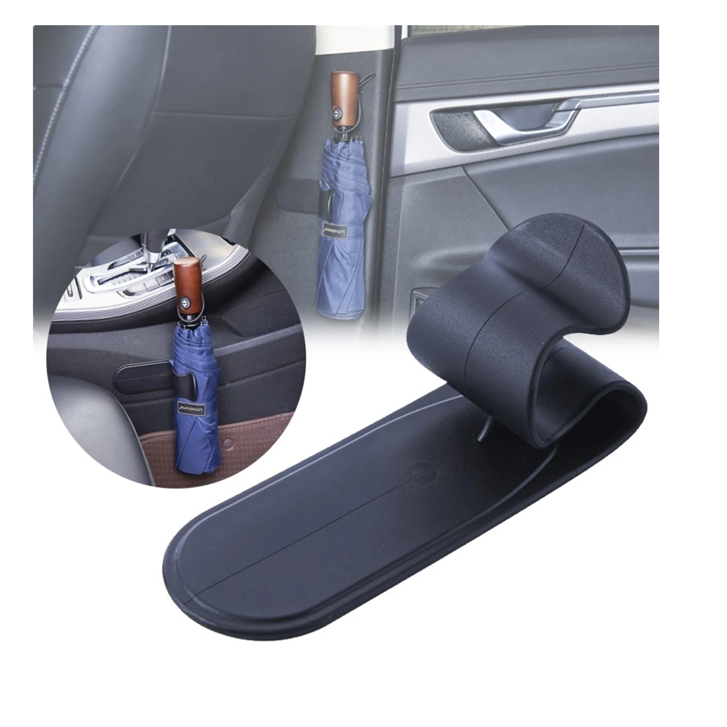 Gancho negro para colgar sombrilla en coche, de plástico flexible, para interior de vehículo.