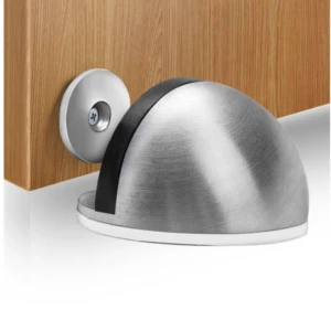 Tope de puerta magnético adhesivo de metal cepillado con base blanca y tope de goma negra.