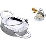 Molde plateado para empanadas en acero inoxidable, con asa superior y borde dentado para sellar.