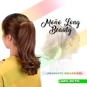 Moño de cabello castaño claro largo para coleta, con texto promocional "¡PRODUCTO EXCLUSIVO!" y "40% DCTO".