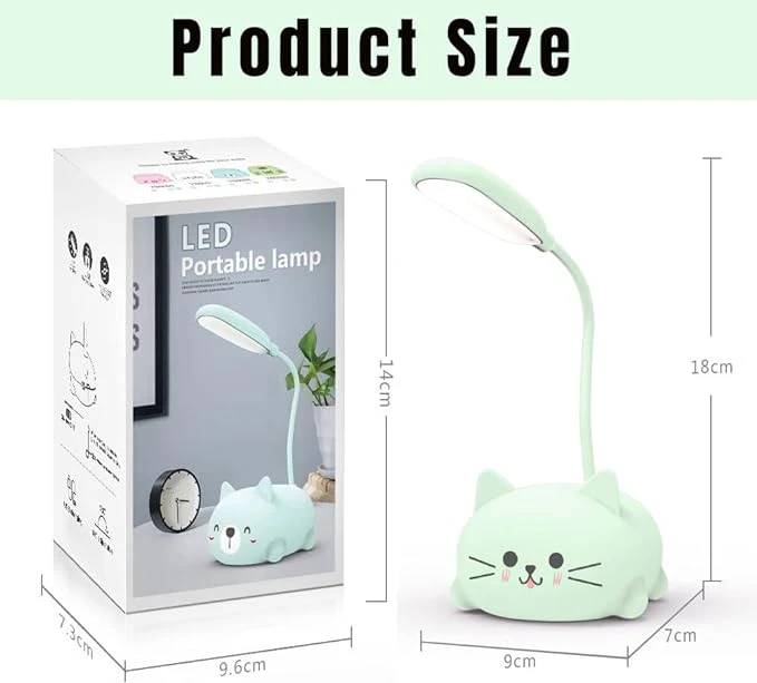Mini lámpara LED recargable color verde menta con base en forma de gato kawaii, incluye caja de empaque y dimensiones detalladas de 18cm de altura.