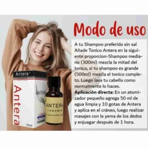 Mujer sonriente junto a caja y frasco de 20ml de Tónico Antera para crecimiento capilar con instrucciones de uso detalladas sobre la mezcla y aplicación.