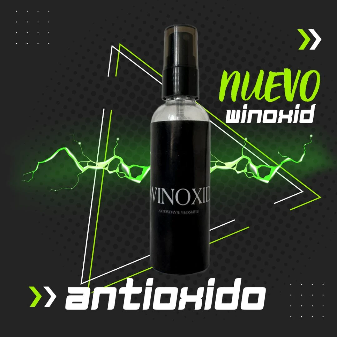 Spray antioxidante WINIOXID negro, para reparación de vidrio, con destellos verdes de energía.