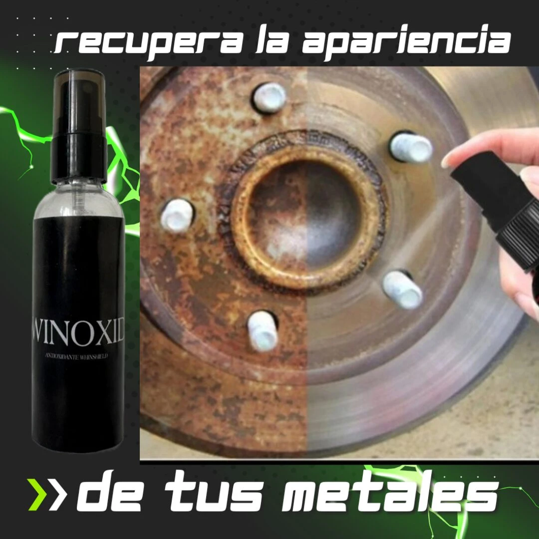 Reparador de vidrio y antioxidante para metales, mostrando disco de freno oxidado y restaurado.