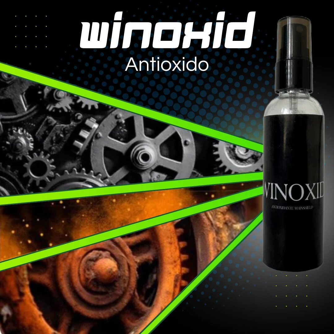 Spray antioxidante negro Vinoxid, envase de 30ml, junto a engranajes mecánicos y oxidados en promocional.
