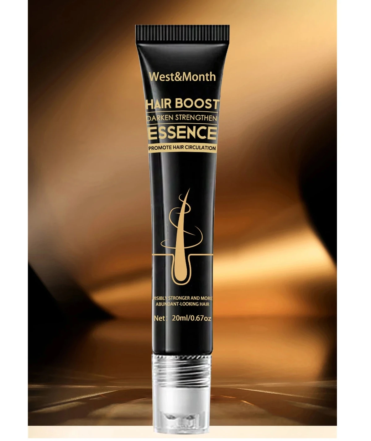 Tubo negro de esencia capilar West&Month de 20 ml con aplicador transparente, diseñado para fortalecer, oscurecer y promover la circulación del cabello.