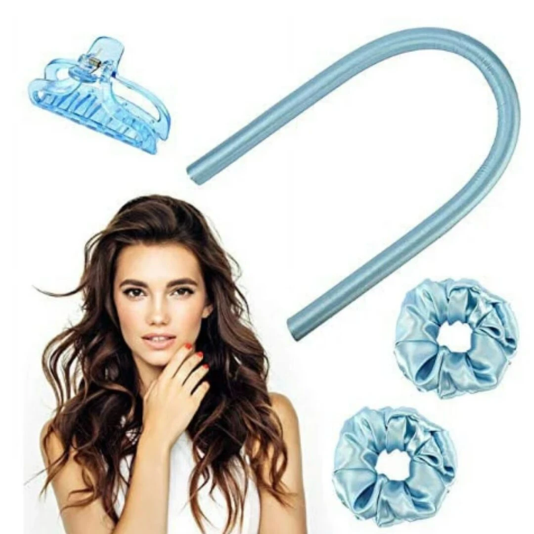 Kit de rizadora sin calor azul satinado que incluye una banda flexible, un gancho para el cabello y dos coleteros a juego para definir ondas.