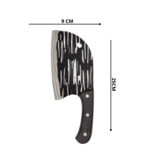 Cuchillo hachuela profesional de 25 cm de largo con hoja de 9 cm y diseño texturizado en negro y plateado.