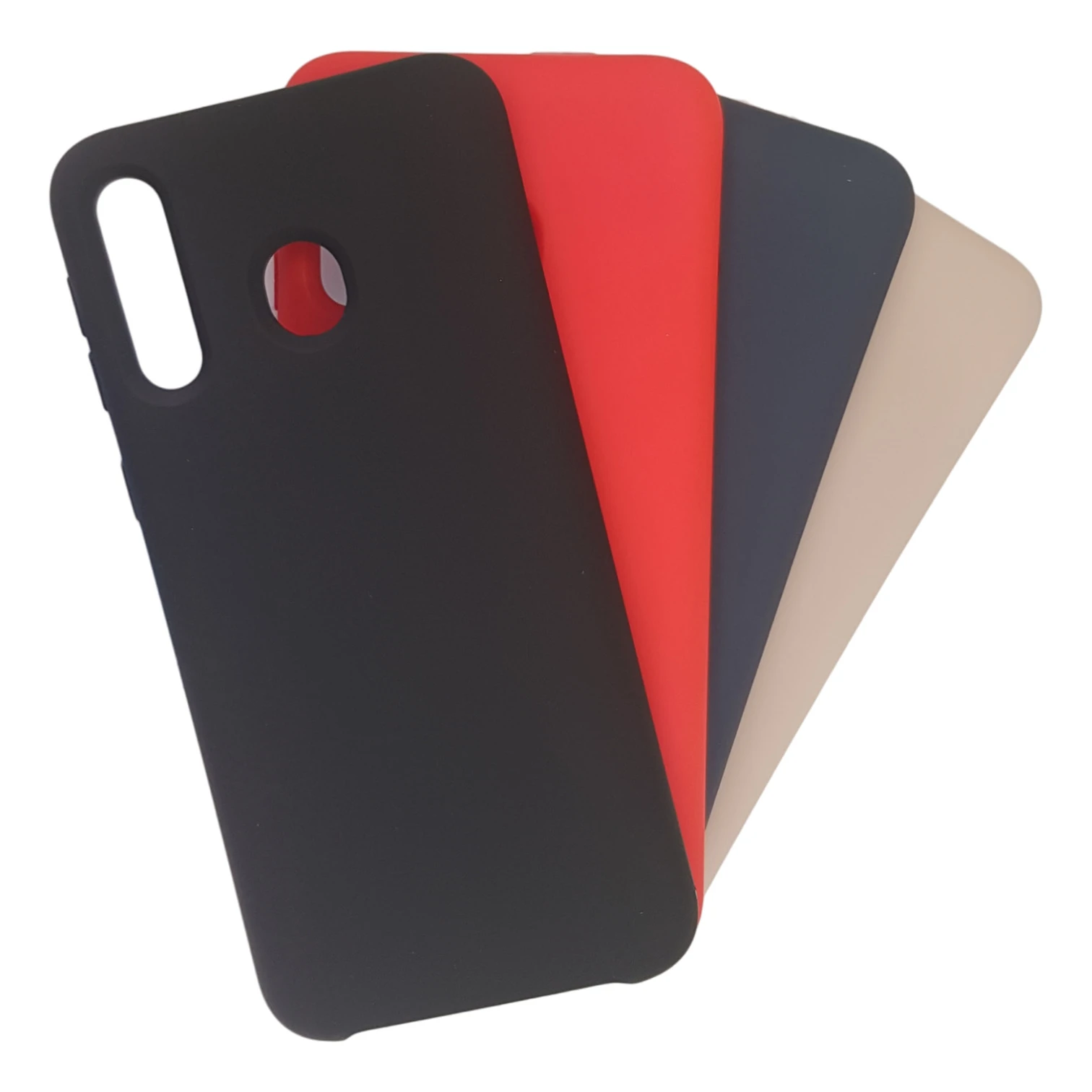 Set de 2 protectores de silicona para Samsung M30 en negro, rojo, gris oscuro y beige.
