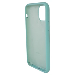 Funda de silicona azul celeste para iPhone 11 Pro, interior afelpado, vista posterior.