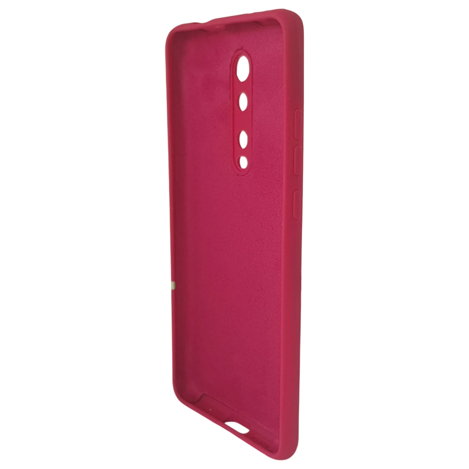 Funda de silicona rosa para Xiaomi Mi 9T, vista lateral, detalle de cámaras y botones.
