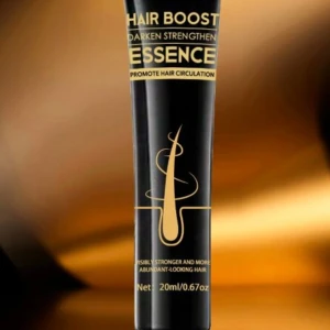 Tubo negro con "Hair Boost Essence" para promover crecimiento y circulación capilar. Contiene 20ml.