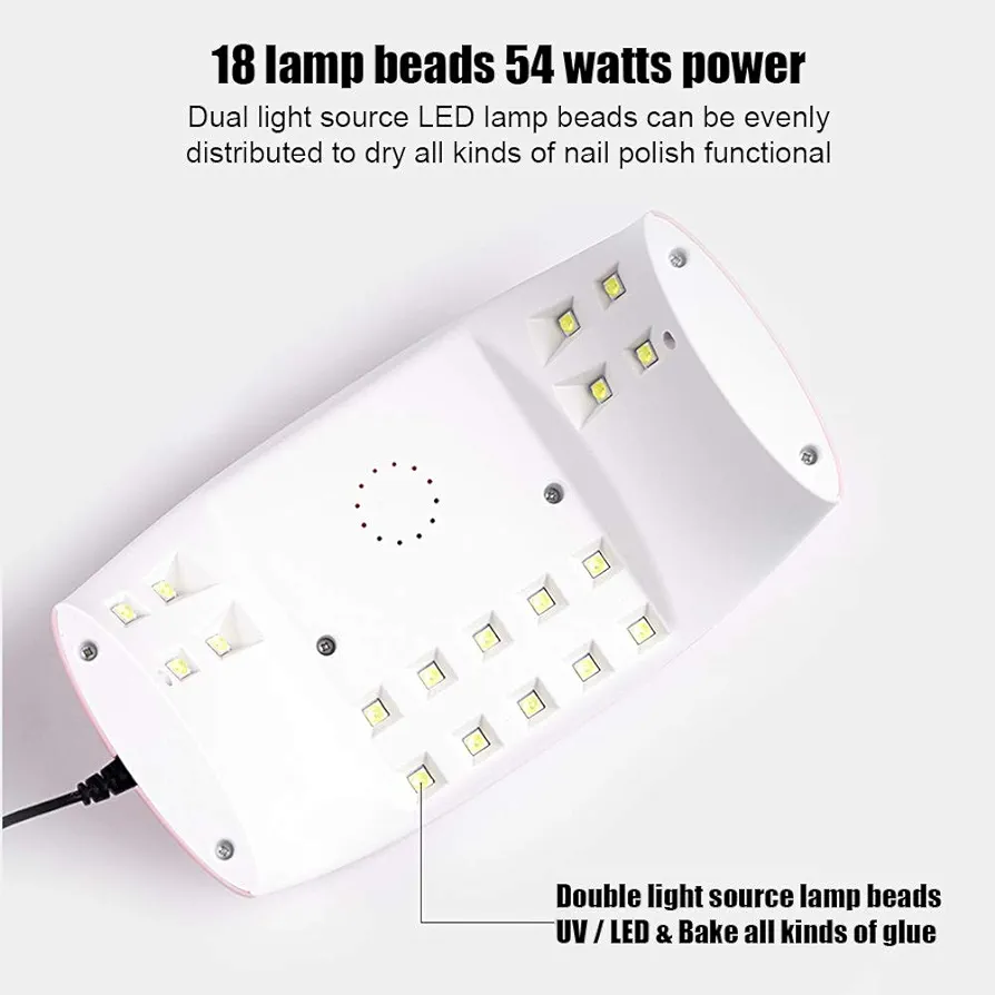 Lámpara blanca para uñas de 54W con 18 luces LED UV de doble fuente, vista desde abajo mostrando la distribución interna de los bombillos y el cable.
