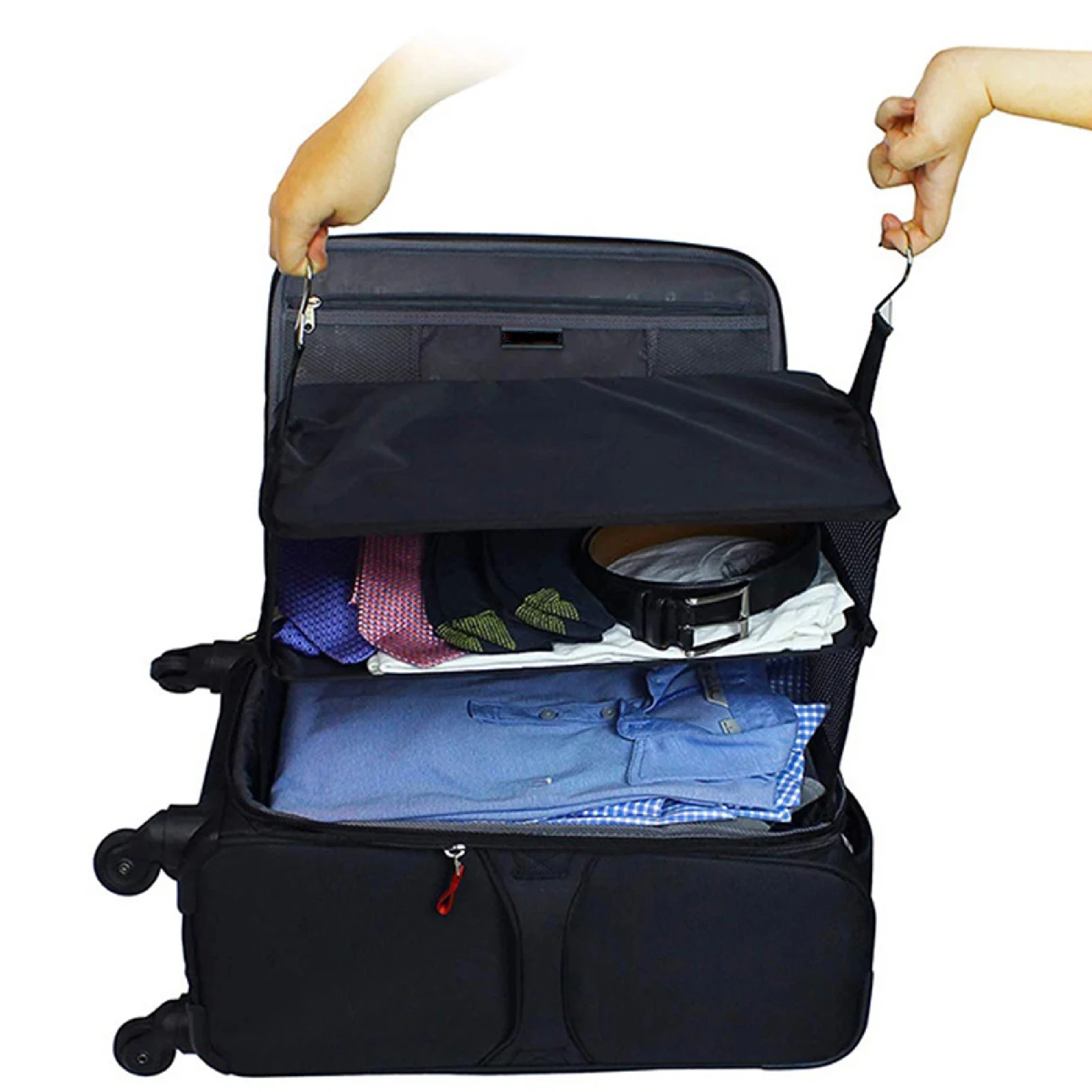 Estante de viaje colgante plegable negro con ropa organizada: corbatas, camisa azul, cinturón.