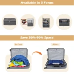 Estante de viaje colgante plegable gris para organizar ropa, con demostración de ahorro de espacio en maleta.