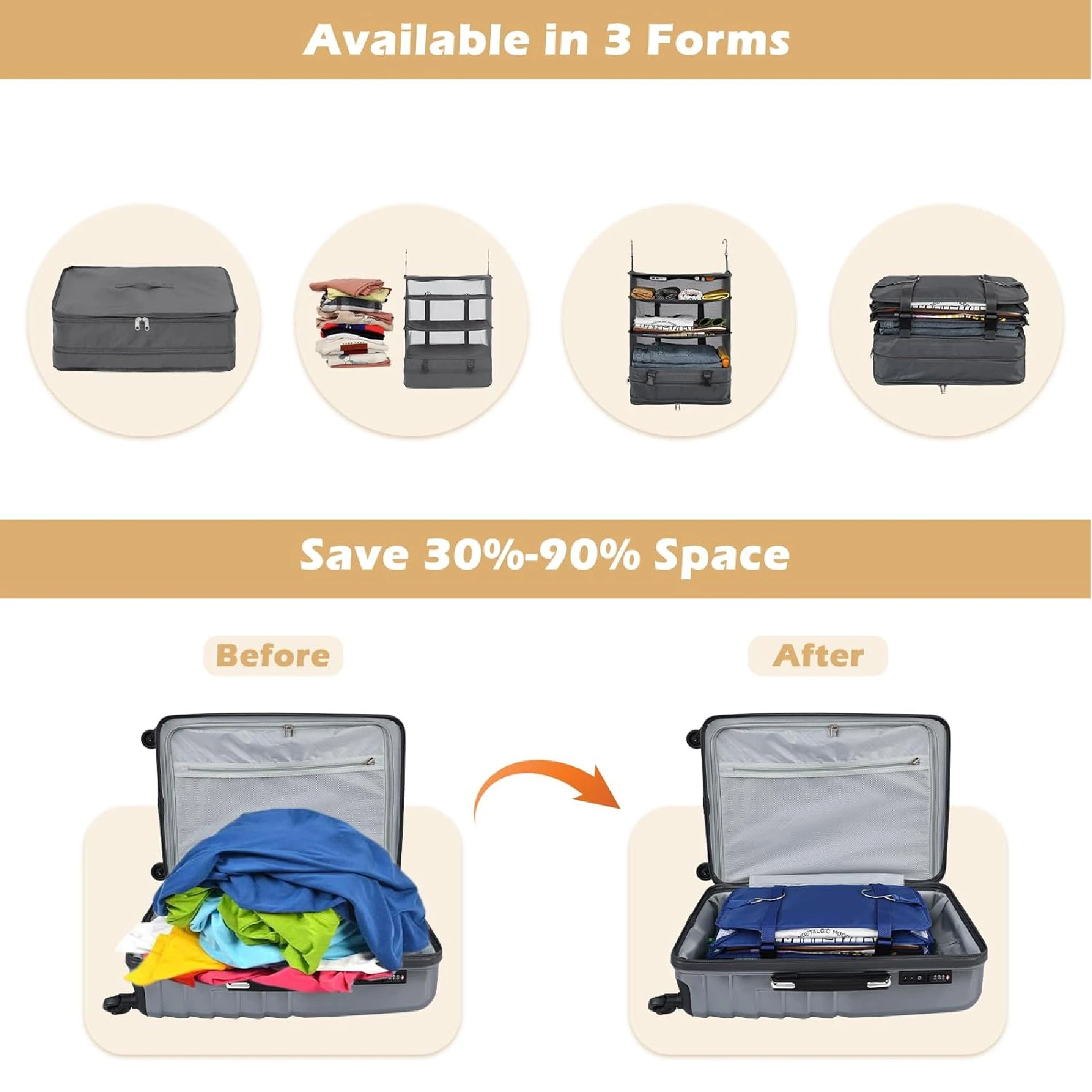 Estante de viaje colgante plegable gris para organizar ropa, con demostración de ahorro de espacio en maleta.