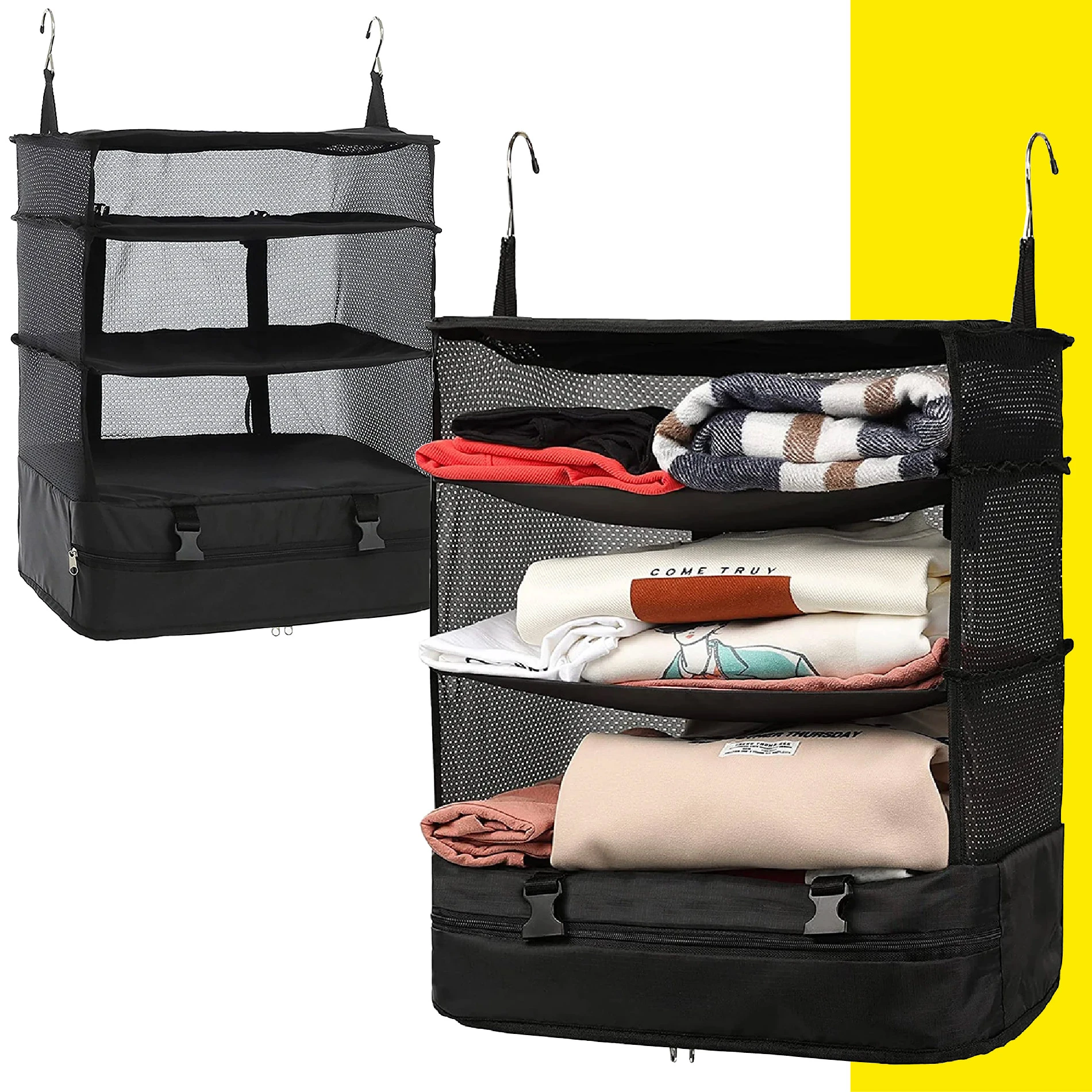 Estante de viaje colgante negro con 3 compartimentos de malla y base con cremallera, ideal para organizar ropa.