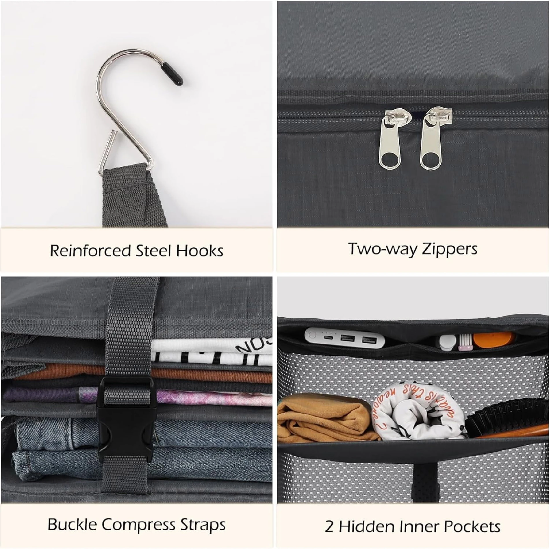 Estante de viaje colgante con ganchos de acero, dos cierres, correas de compresión y bolsillos interiores.