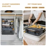 Estante organizador de viaje colgante plegable, gris, para ropa, con compartimentos, cabe en maleta.