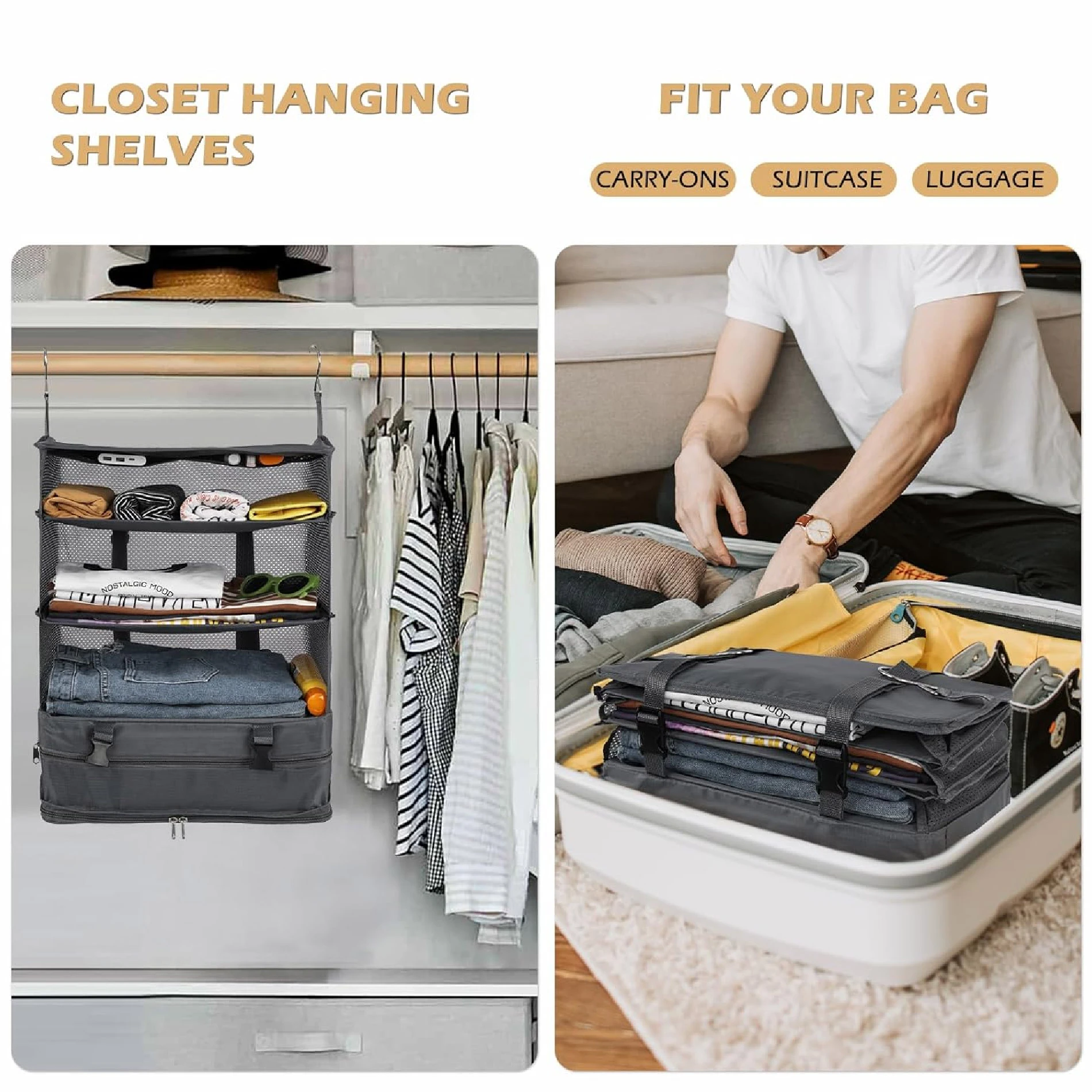 Estante organizador de viaje colgante plegable, gris, para ropa, con compartimentos, cabe en maleta.