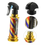 Botella spray para peluquería color dorado con diseño de poste de barbero, boquilla negra y tres vistas detalladas del atomizador, cuerpo y rosca.