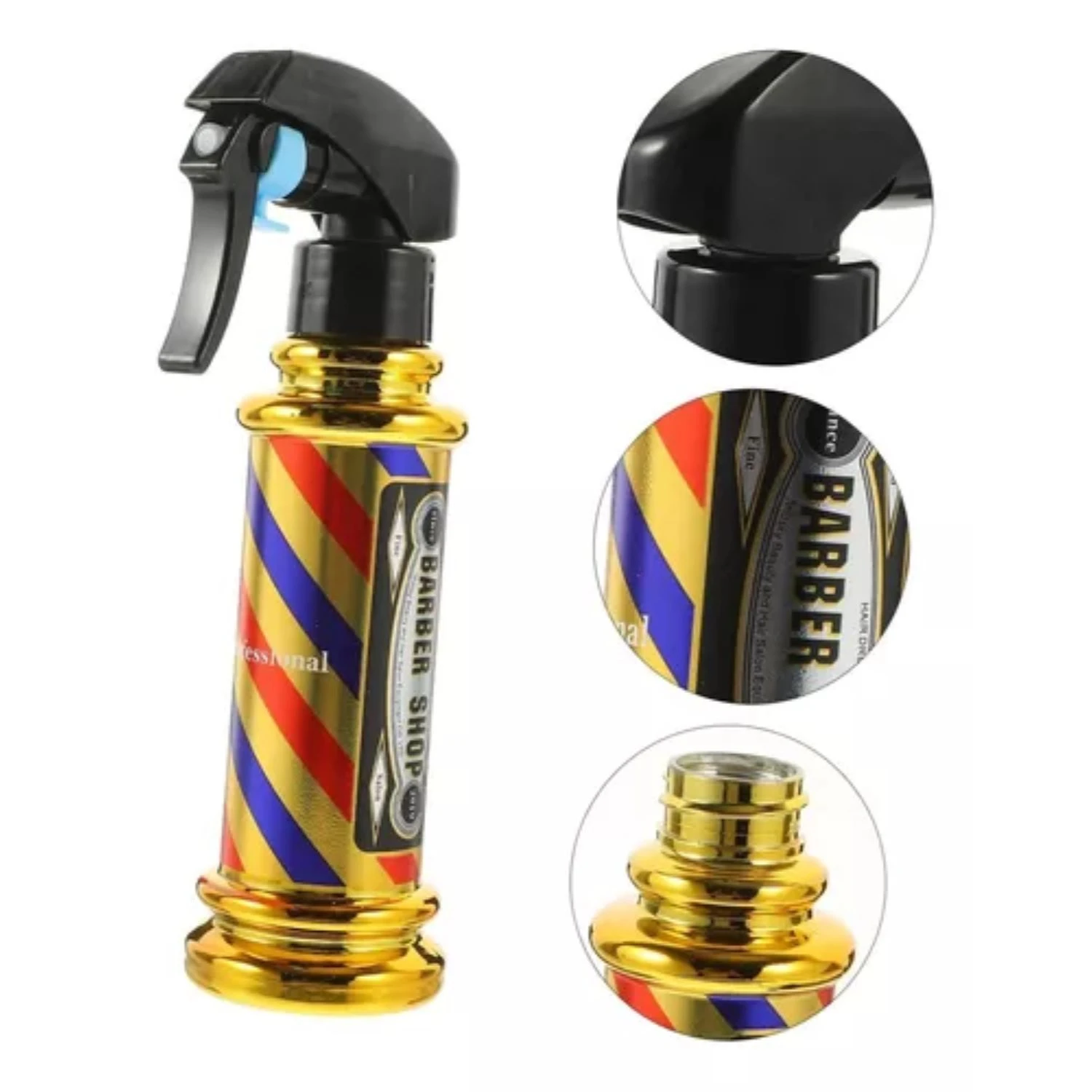 Botella spray para peluquería color dorado con diseño de poste de barbero, boquilla negra y tres vistas detalladas del atomizador, cuerpo y rosca.