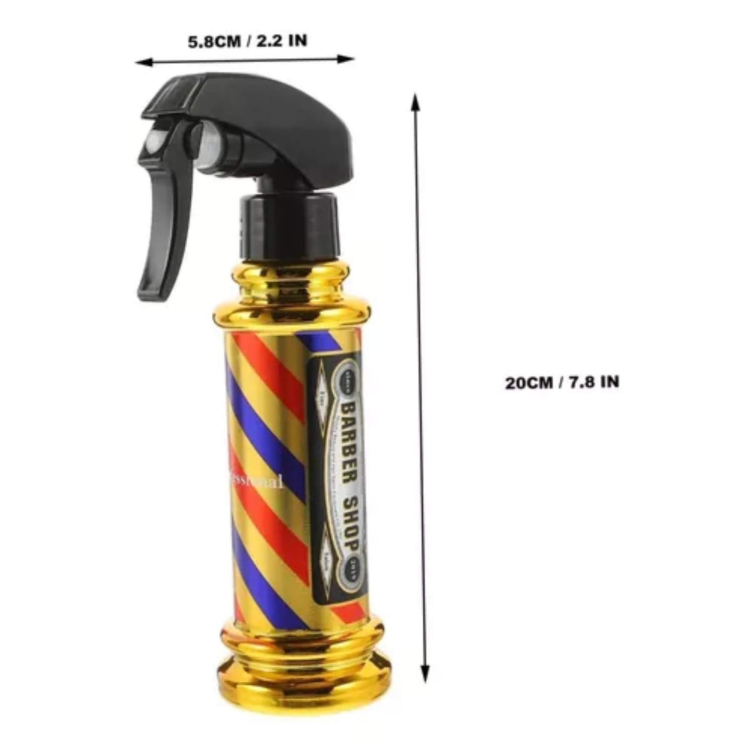 Botella spray dorada para barbería de 20 cm de alto por 5.8 cm de ancho, con diseño de poste clásico y atomizador negro para peinar el cabello.