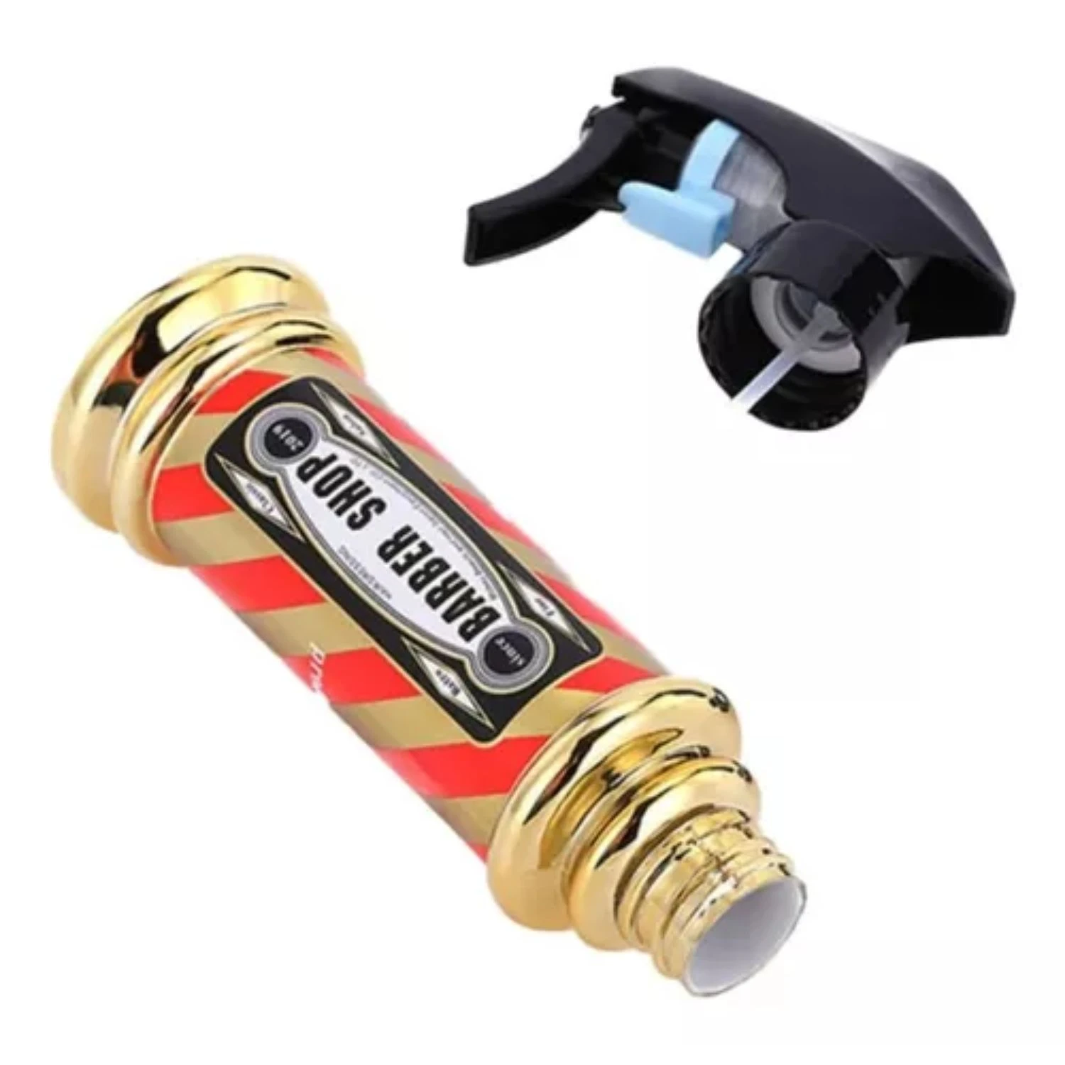 Botella spray de peluquería con diseño retro de poste de barbero, colores rojo y dorado, incluye atomizador negro desmontable con gatillo azul.