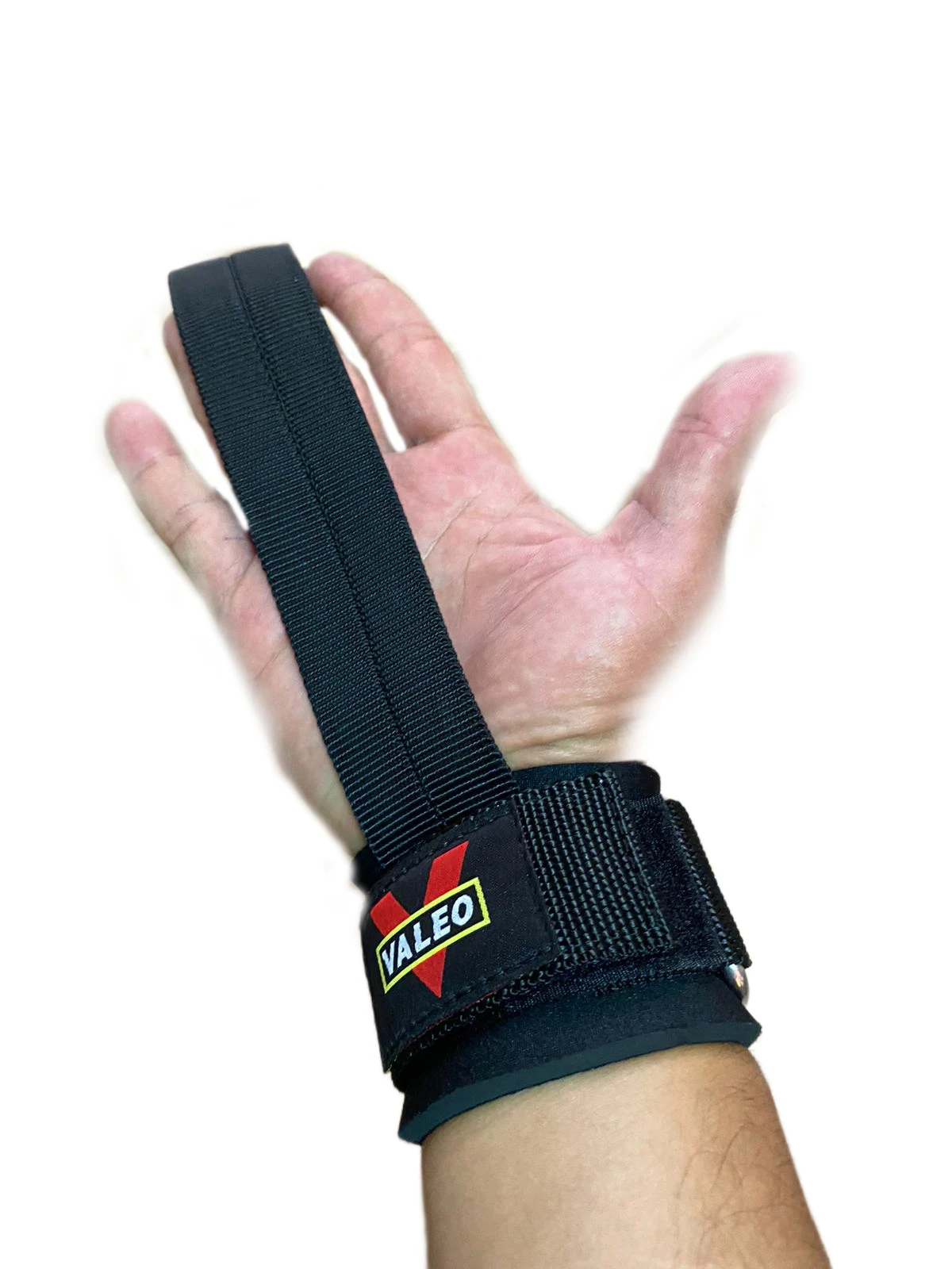 Straps negros Valeo con muñequera de soporte, ideales para levantamiento de pesas.