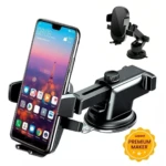 Set x2 Soporte celular para carro, gama alta, negro. Móvil en holder negro con ventosa sobre fondo blanco.