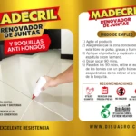 Madécil renovador de juntas y boquillas anti hongos, aplicando en piso de baldosas blancas.