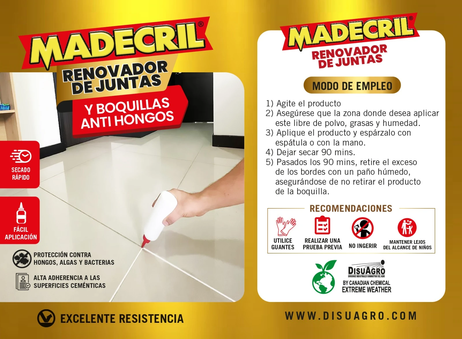 Madécil renovador de juntas y boquillas anti hongos, aplicando en piso de baldosas blancas.