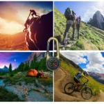 Brújula dorada con mosquetón, ideal para montañismo, ciclismo y camping, con detalles de sus usos y paisajes.