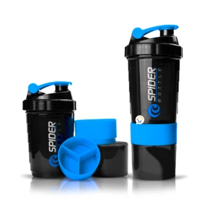 Set de 2 termos mezcladores tipo shaker negros y azules, 500ml cada uno, ideal para suplementos.
