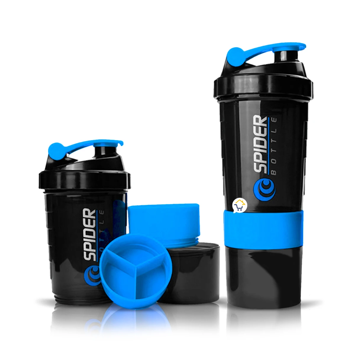 Set de 2 termos mezcladores tipo shaker negros y azules, 500ml cada uno, ideal para suplementos.