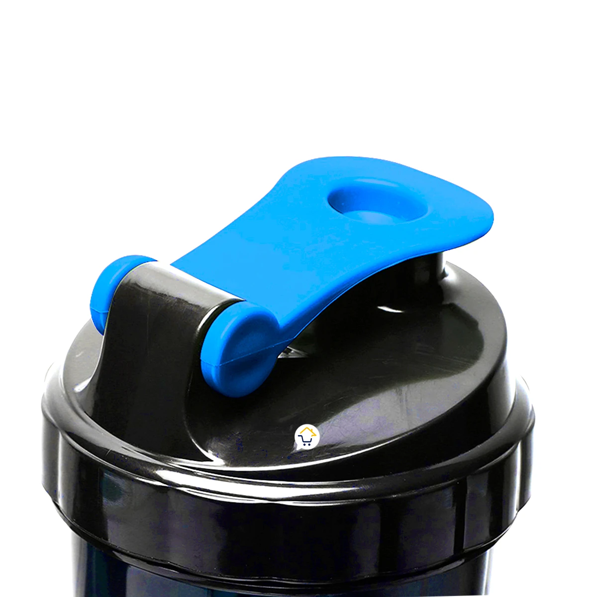 Tapa de termo mezclador shaker negro y azul con asa, para batidos.