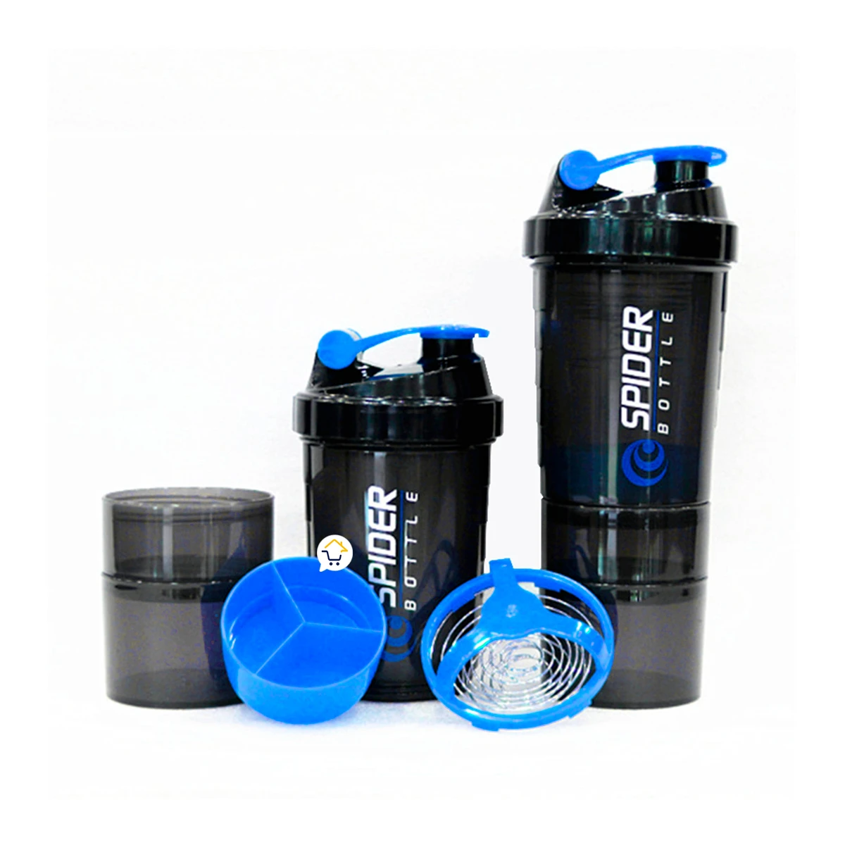 Set de 2 termos mezcladores Spider Bottle, negros y azules, 500ml, para suplementos.