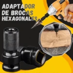 Adaptador de brocas hexagonales en metal negro para taladro, usado en madera.