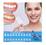 Mujer sonriendo con bandas blanqueadoras 3D White junto a una guía de tonos dental numerada del 1 al 20, mostrando comparativa de dientes antes y después.